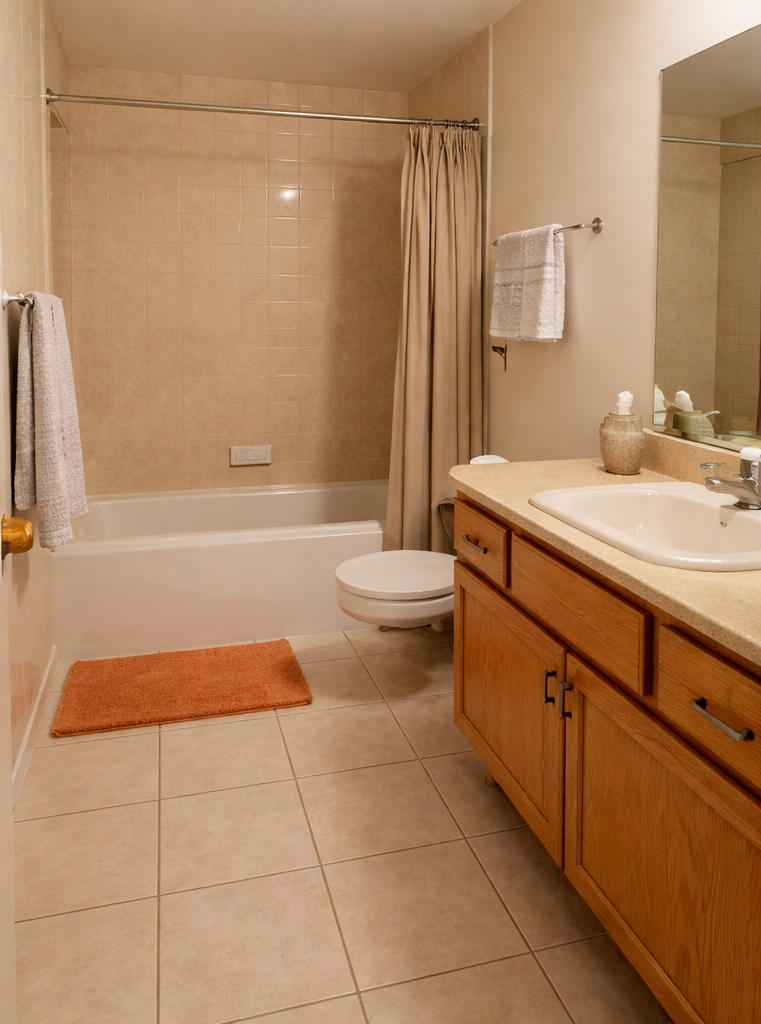 Modern bathroom with wooden cabinets
