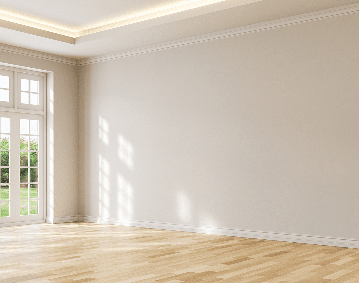 Sunlit room with wooden floor