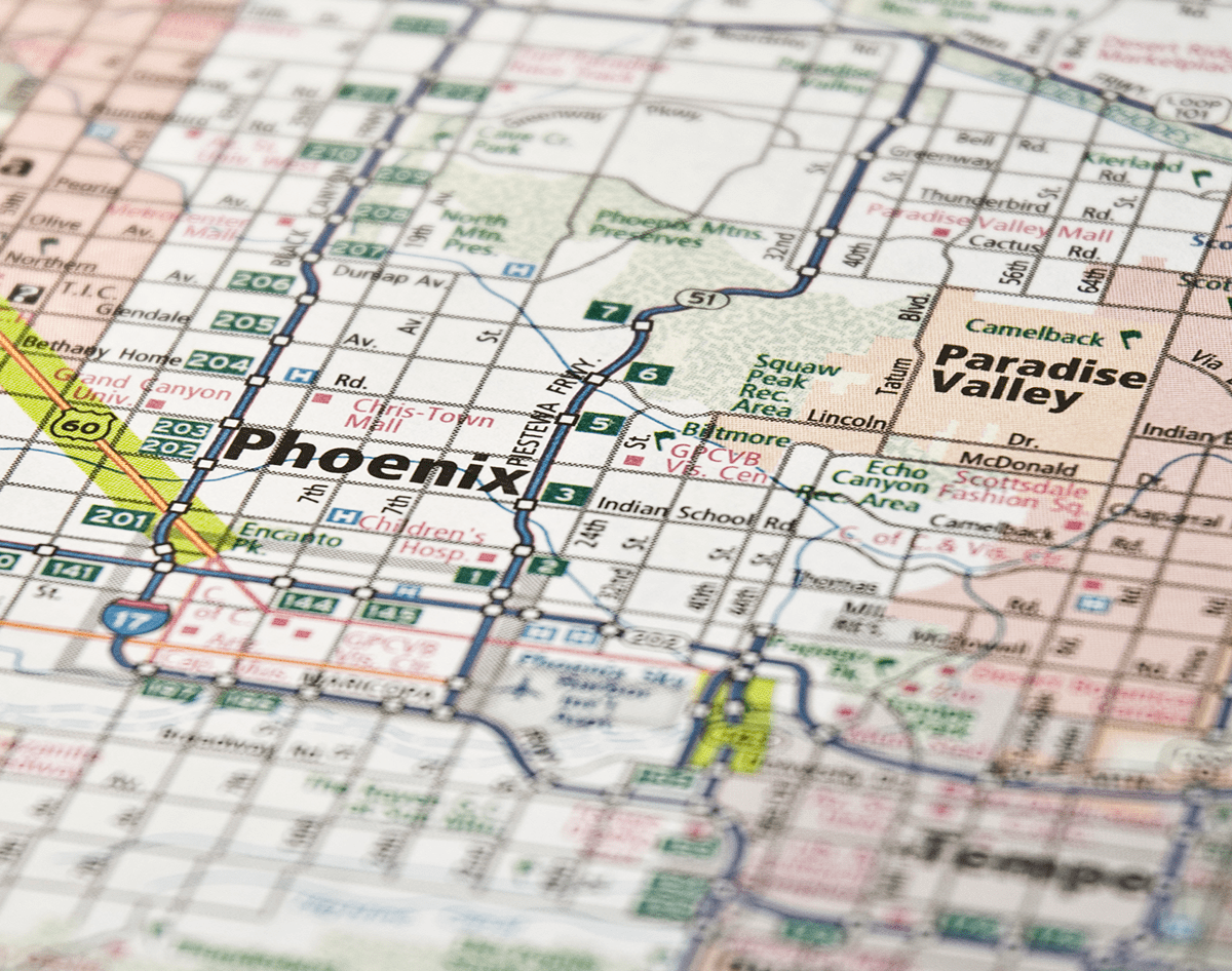 Detailed map showing Phoenix, Paradise Valley